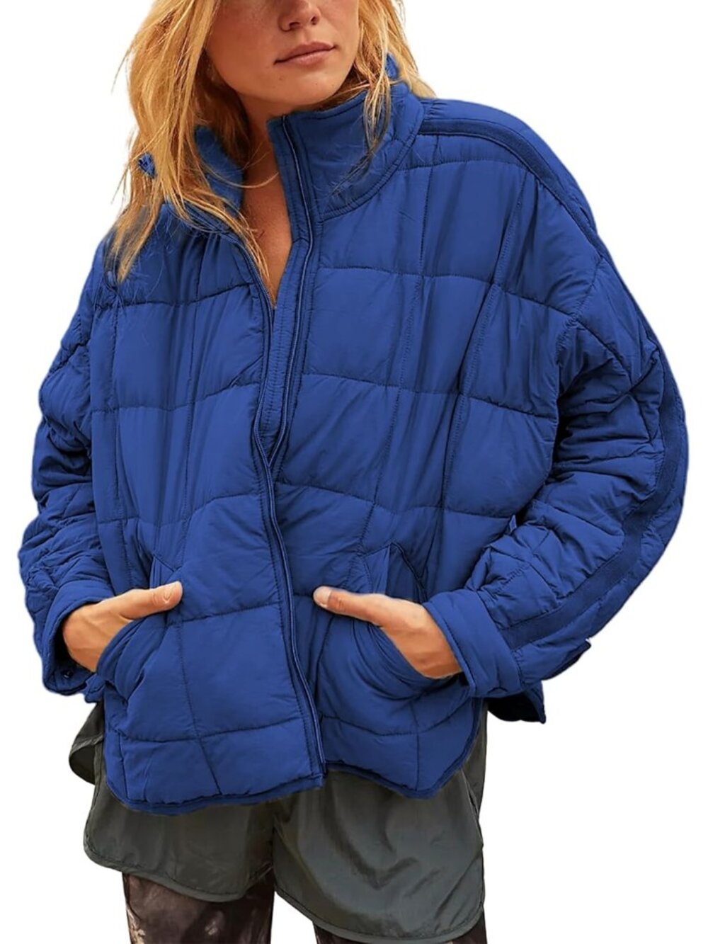 Women’s Blue Quilted Puffer Jacket Lightweight Packable Coat Stand Collar Coat